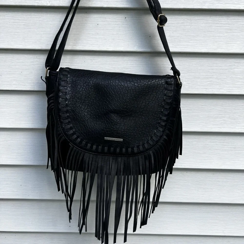 Rampage Black Boho Fringe Crossbody Bag Shoulder Purse Western Textured Pebble